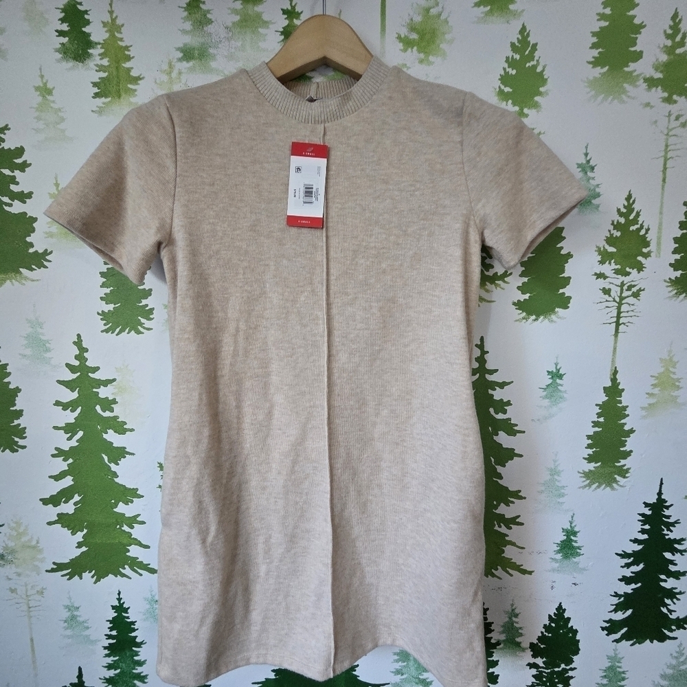 Beige Short Sleeve Soft Sweater Dress